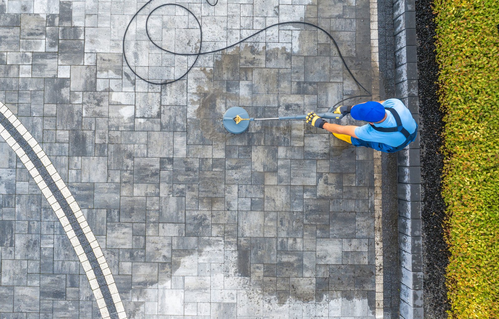 A worker uses a pressure washer to clean a stone patio surrounded by green foliage on a clear day, creating a refreshed outdoor space.